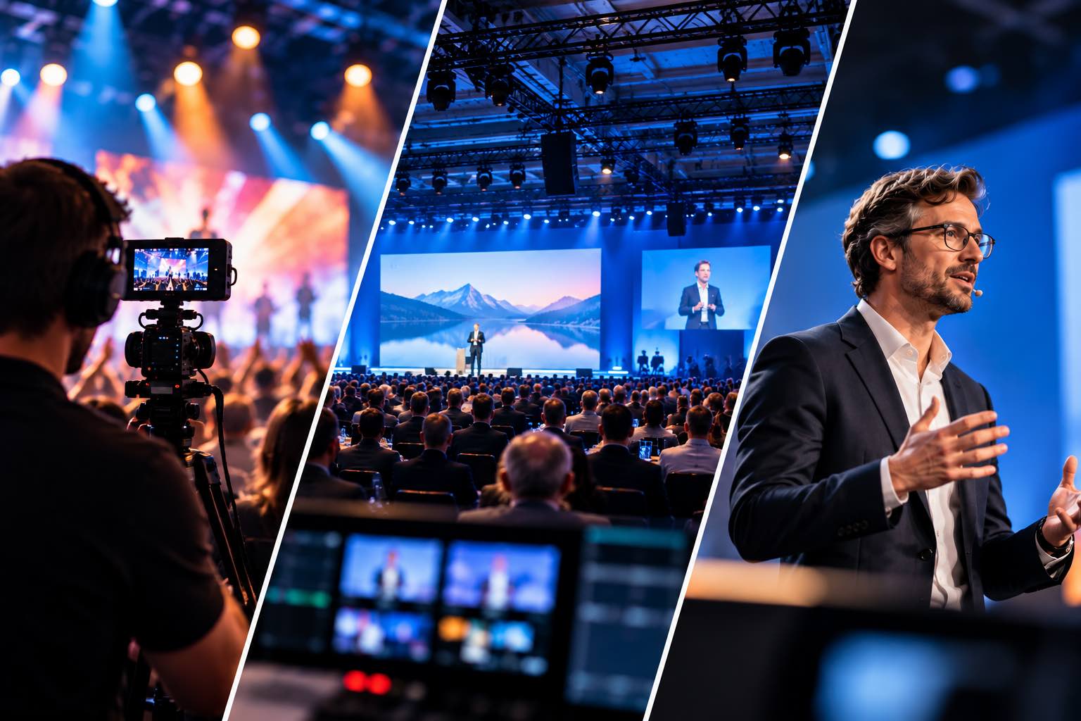 Dreiteiliges Motiv mit Eventkamera, Kongressbühne und Speaker für unterschiedliche Eventvideo-Formate