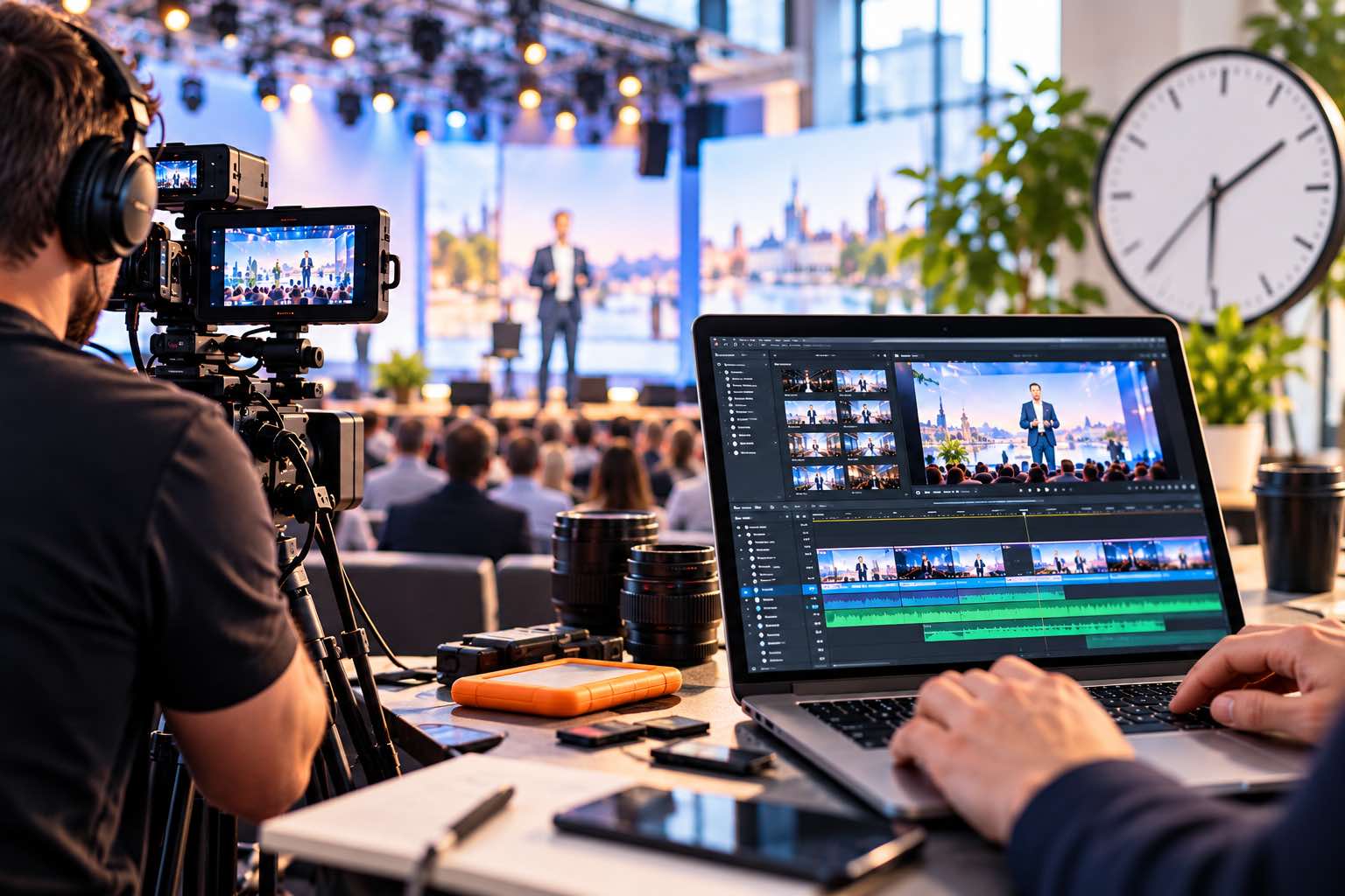 Kameramann bei einem Event und Videoschnitt am Laptop neben einer Uhr