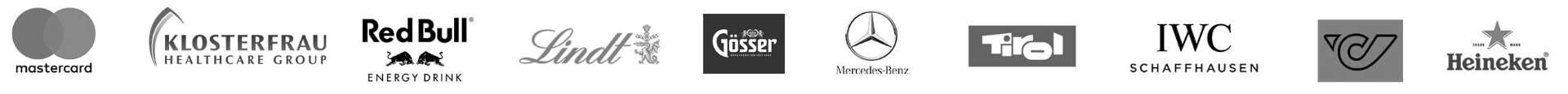 Kundenlogos: Mastercard, Klosterfrau Healthcare Group, Red Bull, Lindt, Gösser, Mercedes-Benz, Tirol, IWC Schaffhausen, Österreichische Post, Heineken